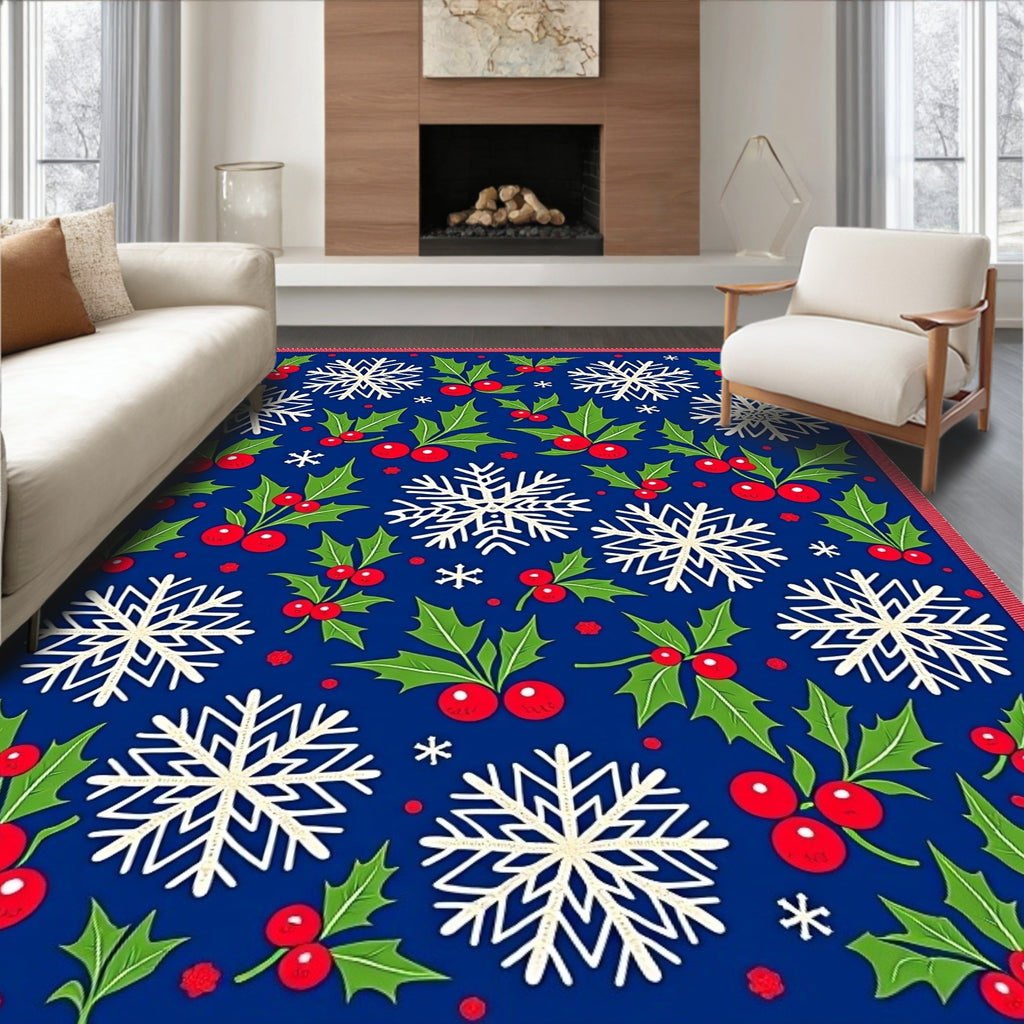Winter Holly Snowflakes Blue Red Rug