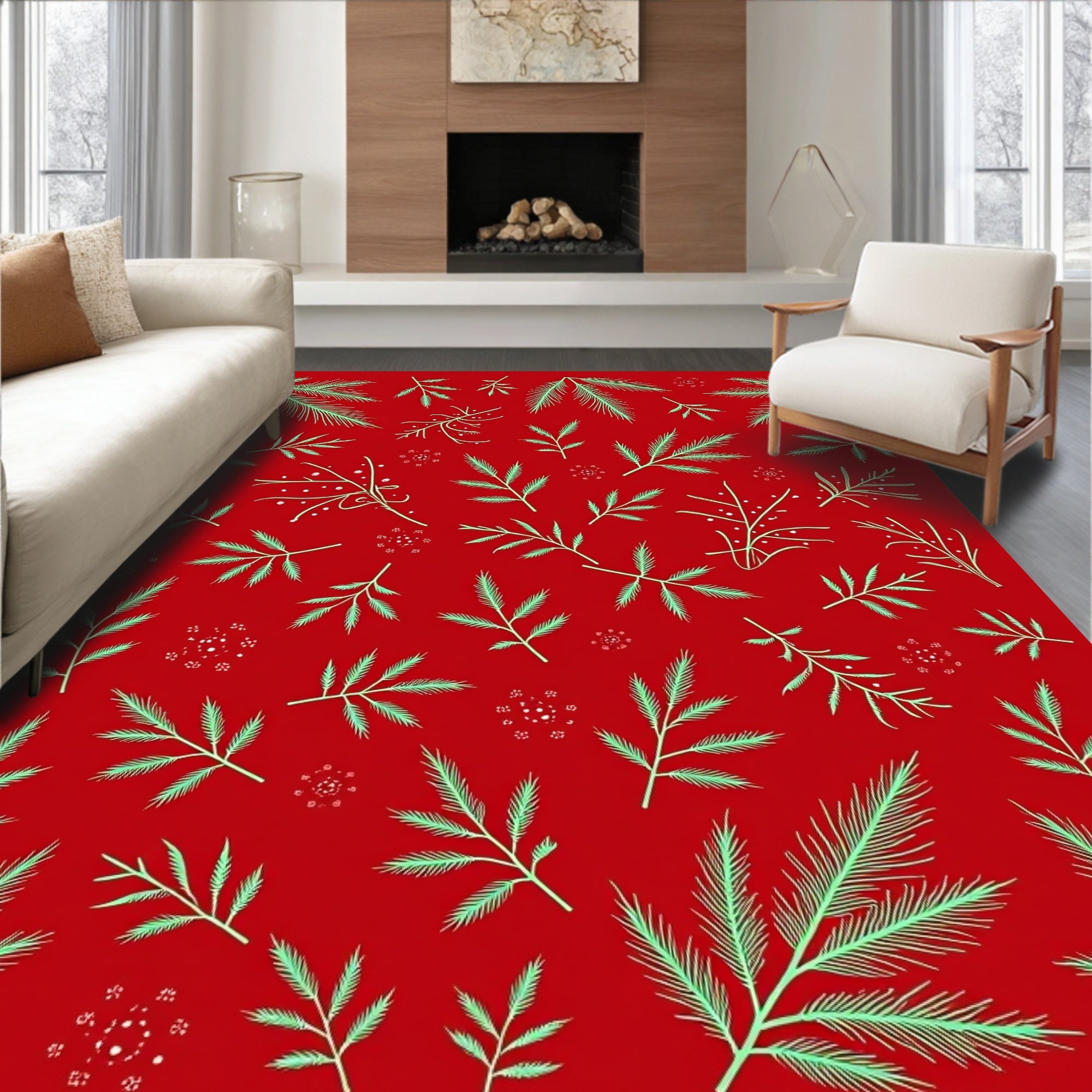 Red Green Pine Fern Sprigs Rug