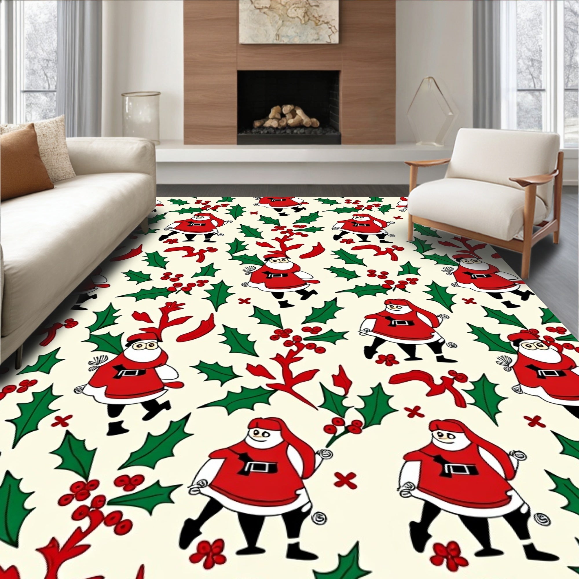 Festive Santa Claus Red Holly Garland Rug