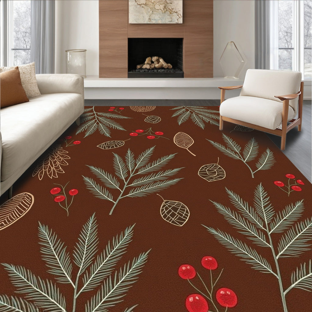 Earthy Red Leaf Berry Pinecone Scatter Rug