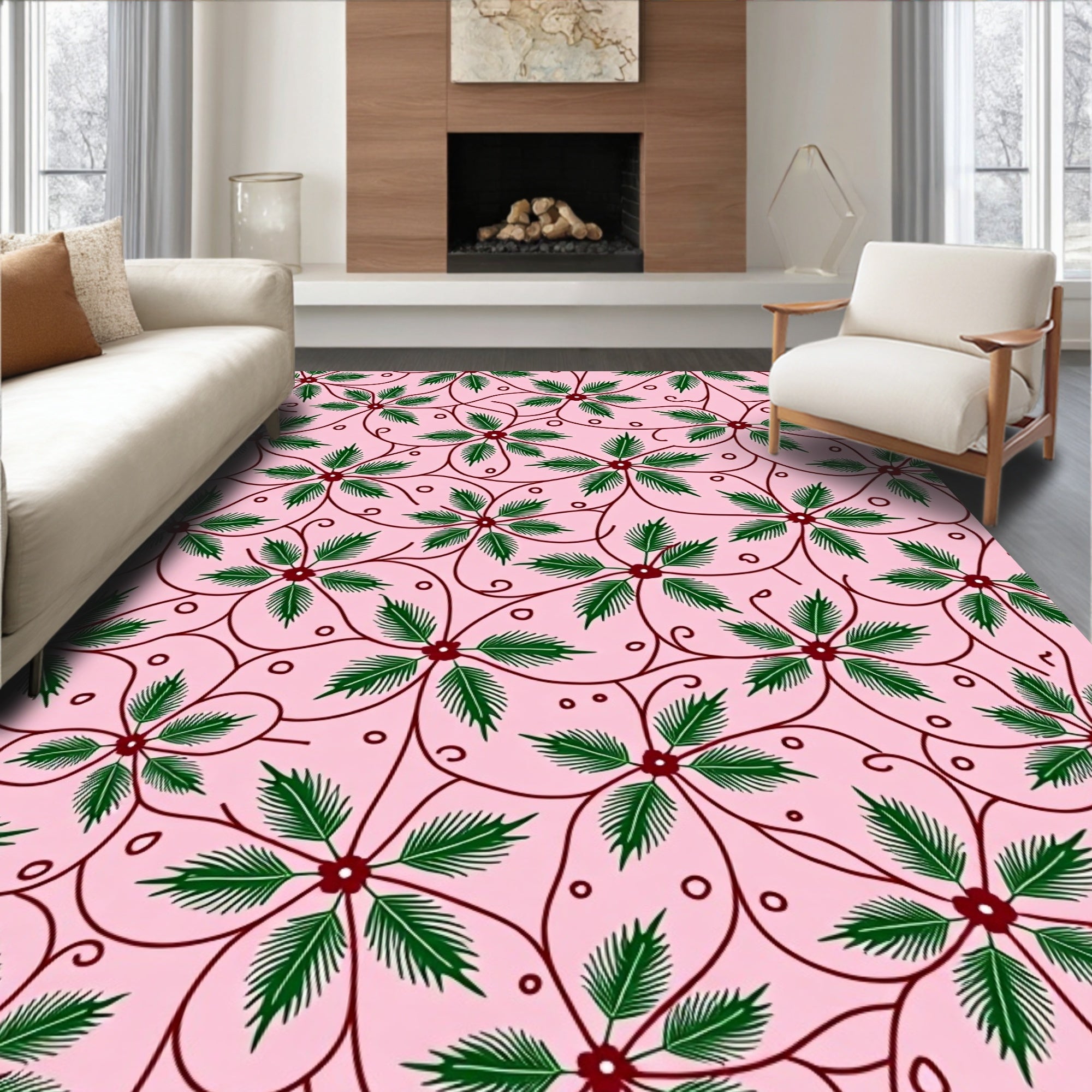 Delicate Pink Green Vine Floral Rug