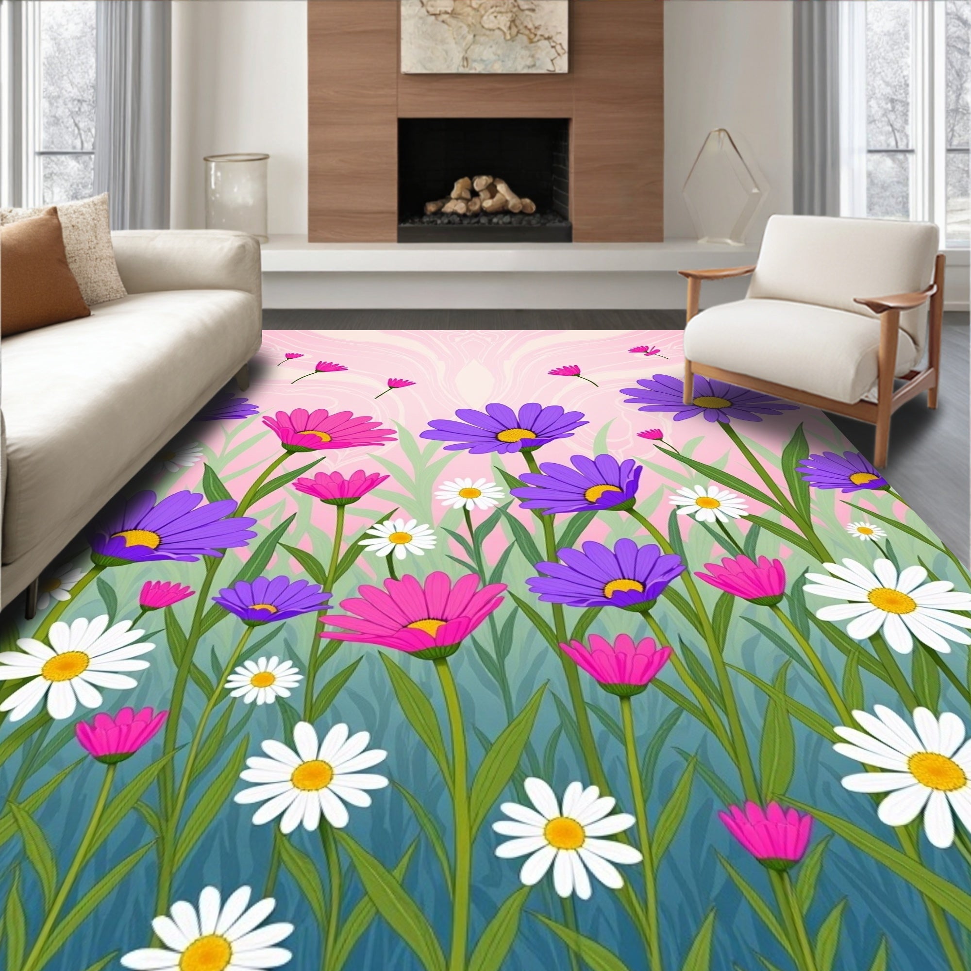 Vibrant Purple Pink Daisy Field Rug