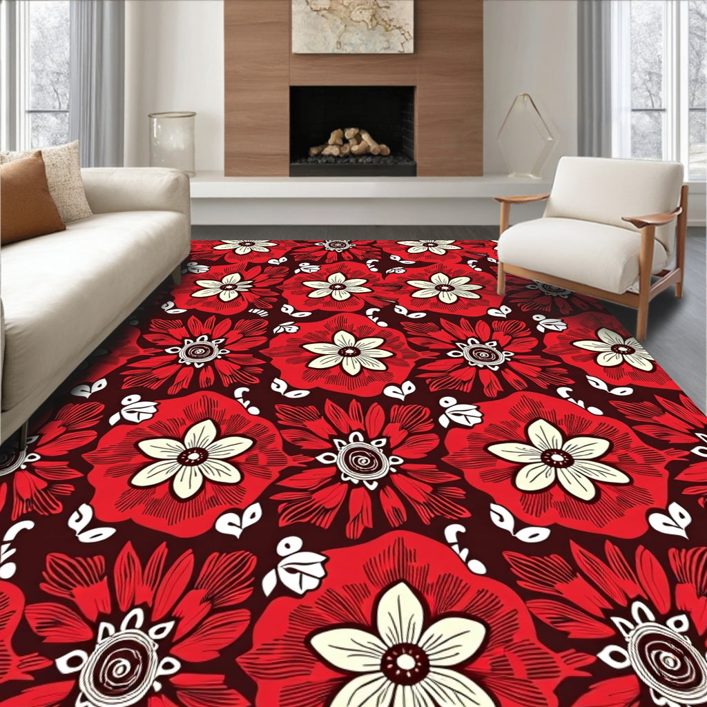 Bold Red Floral Garden Bloom Rug