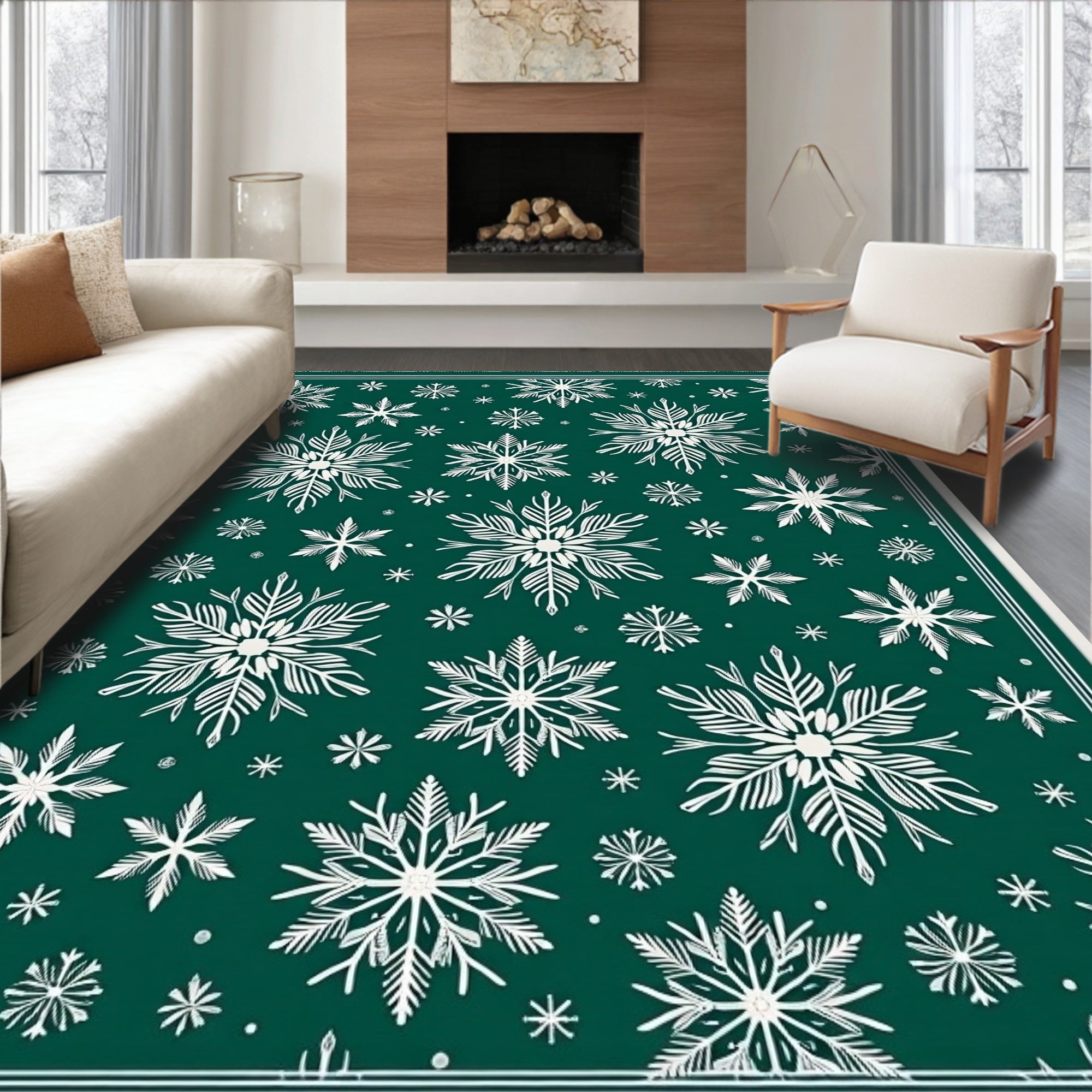Deep Green Snowflakes Holiday Rug