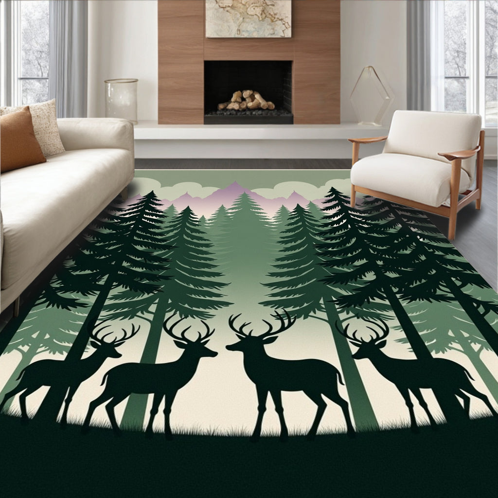 Forest Herd Woodland Deer Conifer Grove Rug