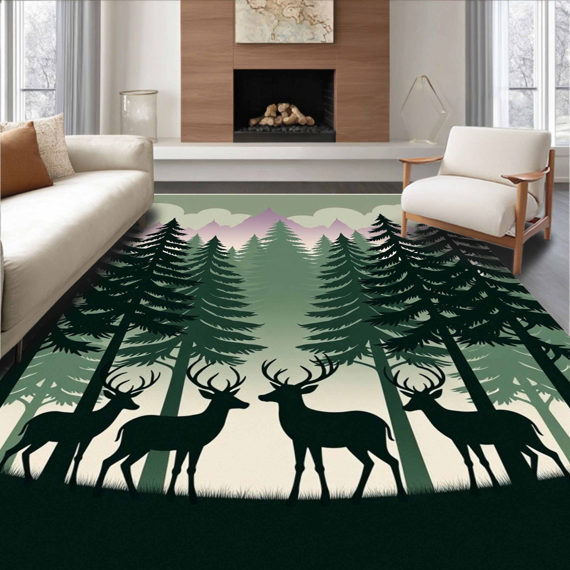 Forest Herd Woodland Deer Conifer Grove Rug