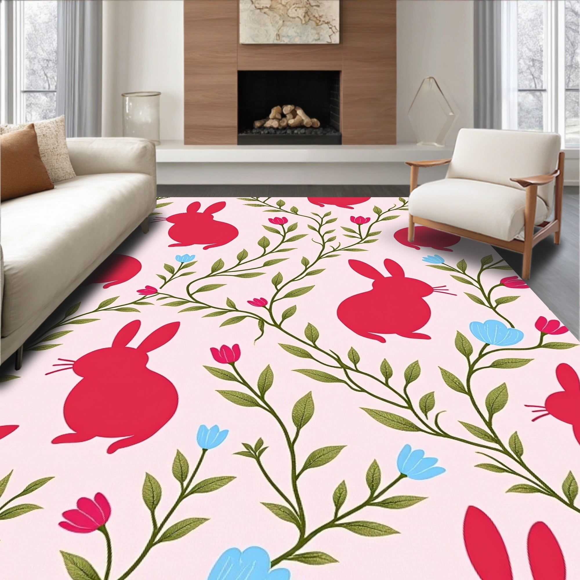 Red Rabbits with Floral Vines Rug