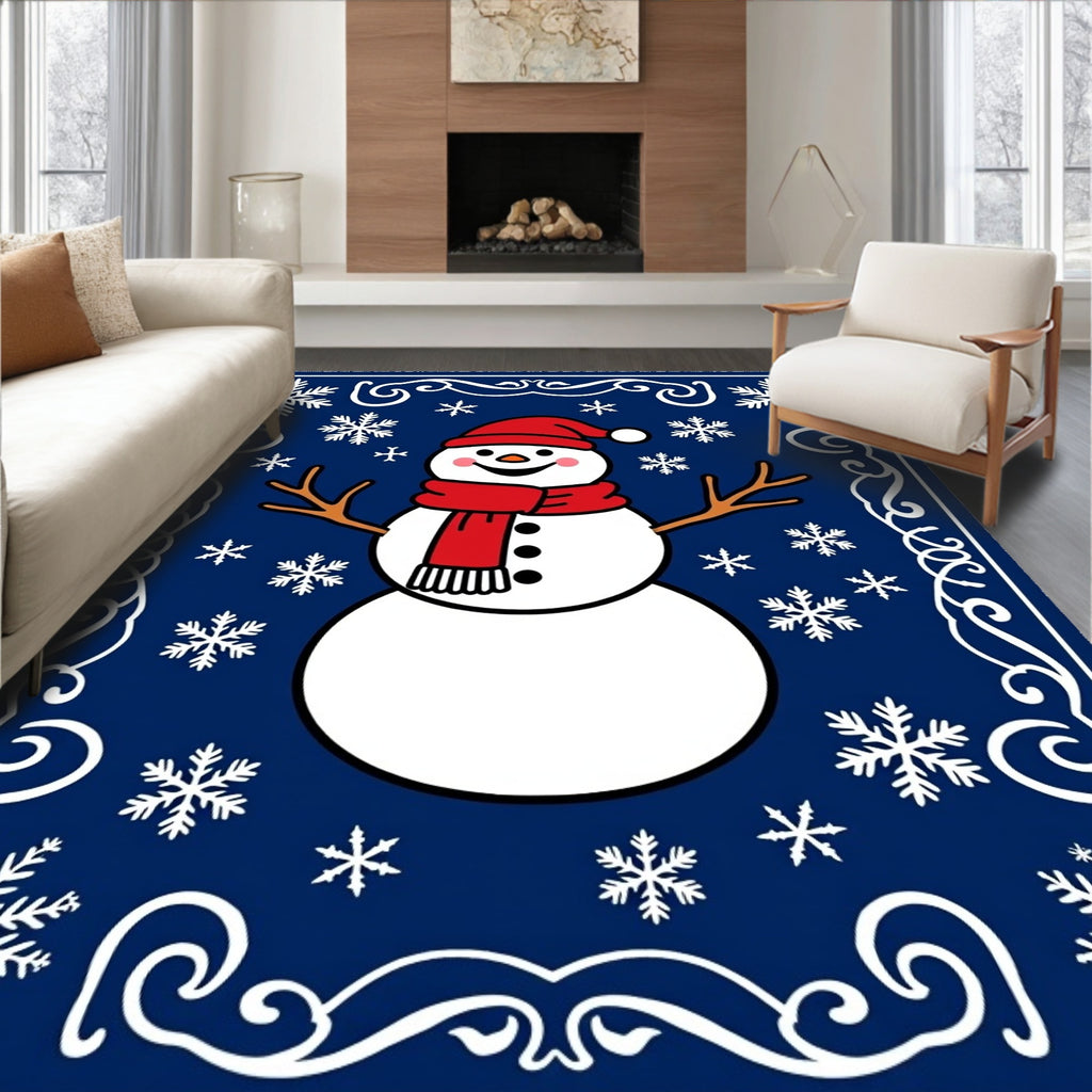 Charming Snowman With Snowflakes Border Rug