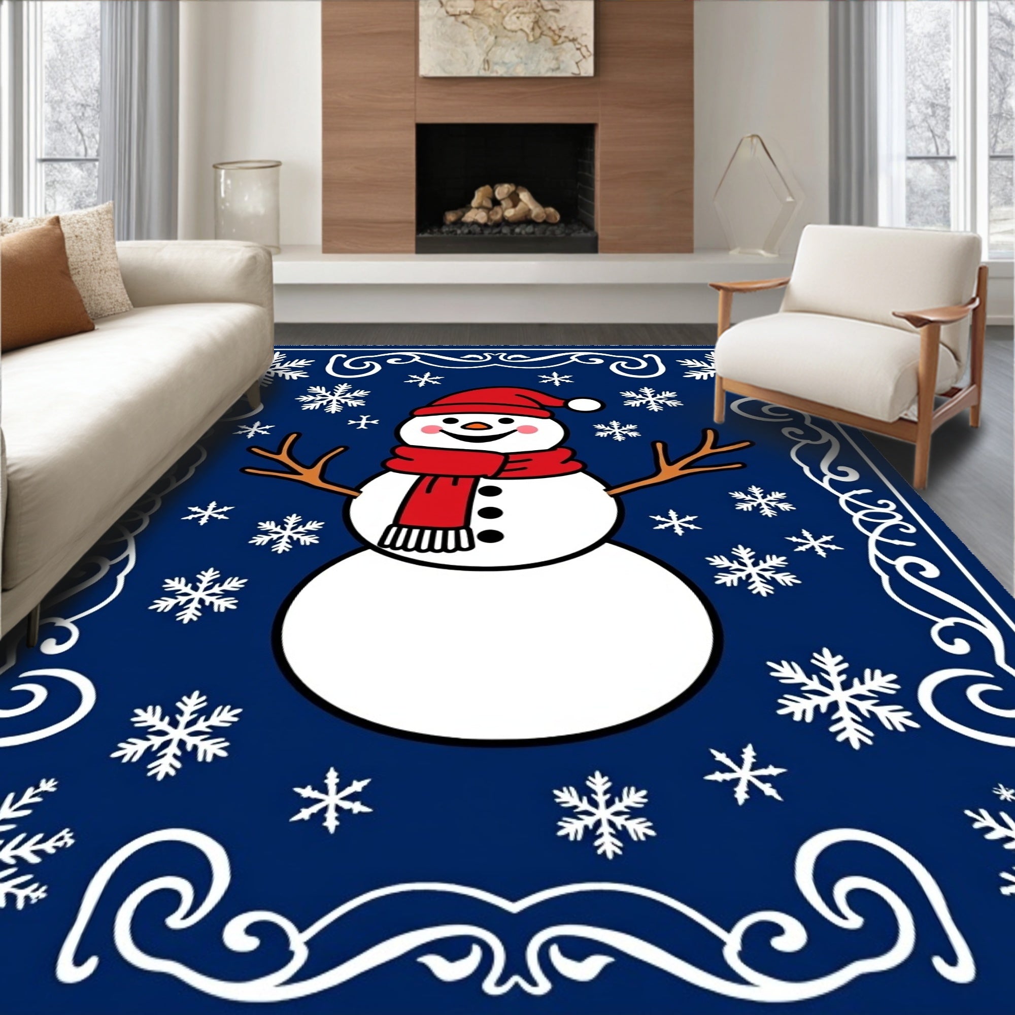 Charming Snowman With Snowflakes Border Rug