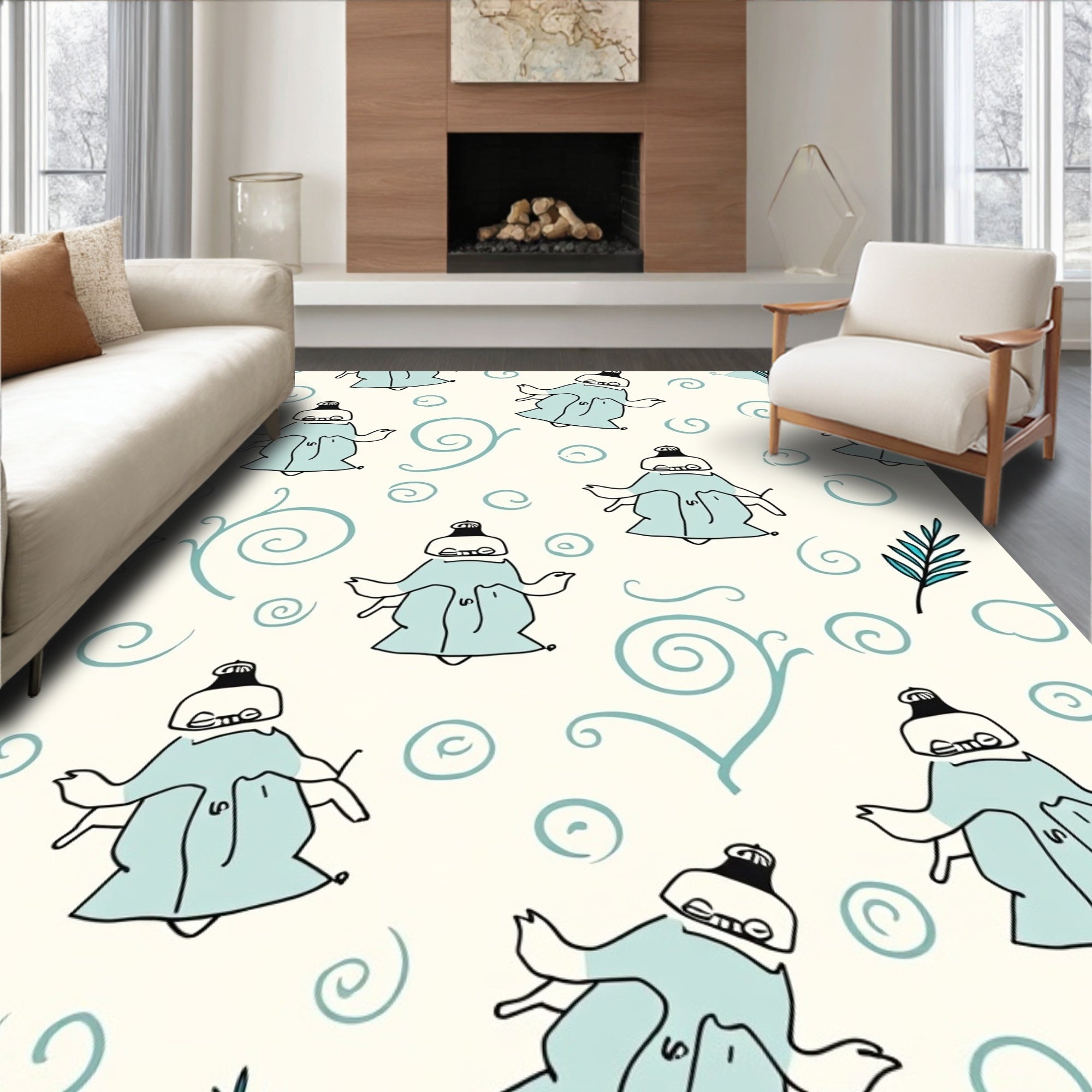 Whimsical Cerulean Figures Swirl Rug