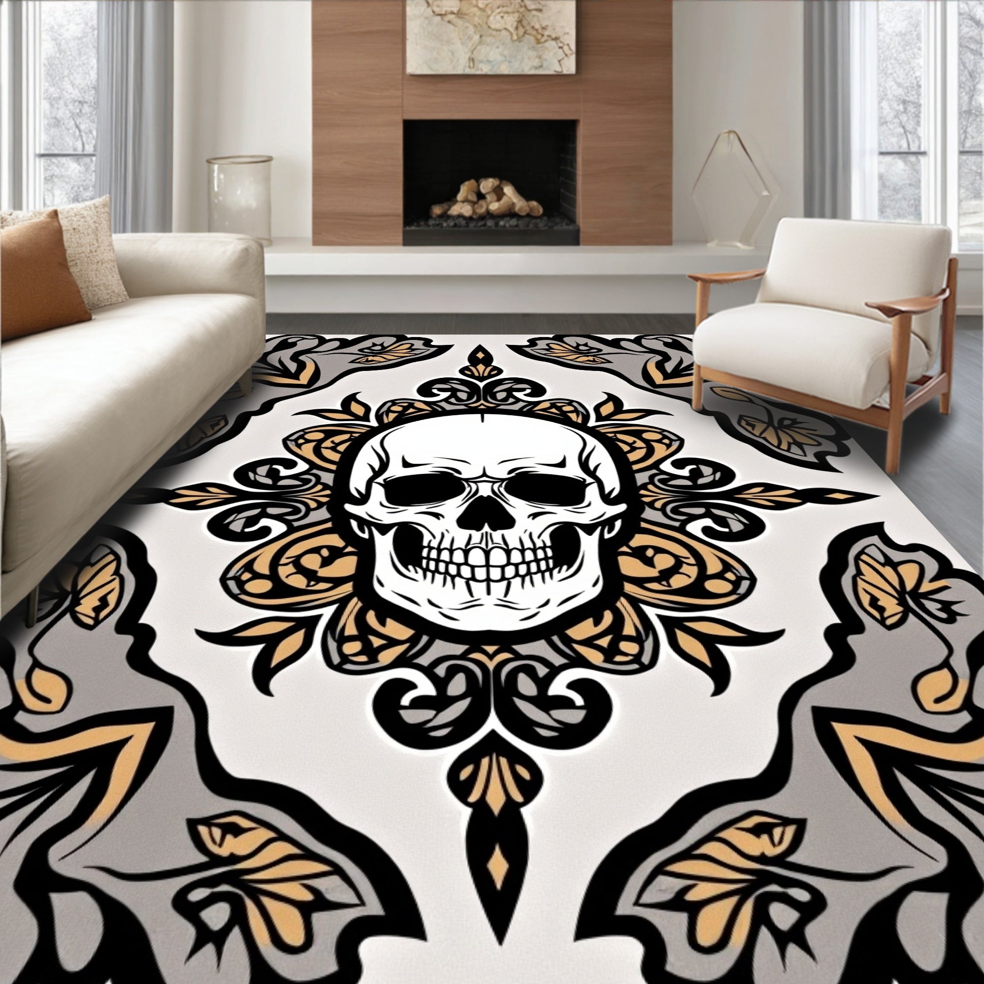 Gothic Skull Floral Crest Rug