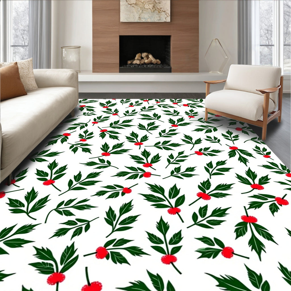 Green Leaf Red Berry Scattered Sprigs Rug