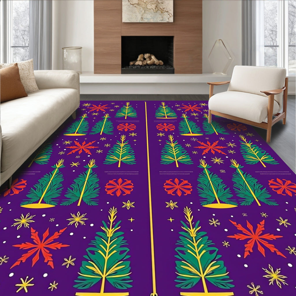 Festive Purple Christmas Trees Snowflakes Rug