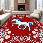 White Horse with Blue Mane Snowflakes Red Rug