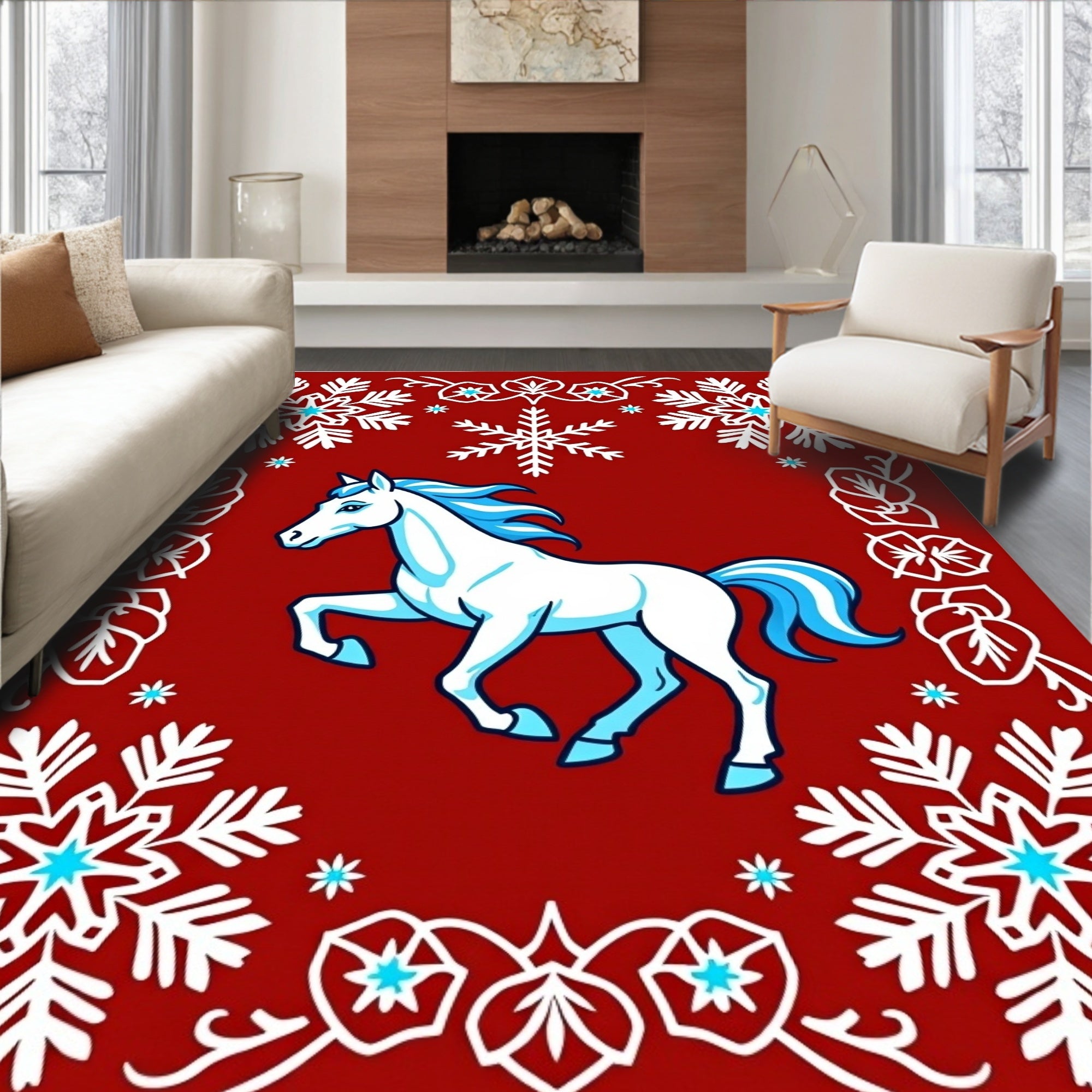 White Horse with Blue Mane Snowflakes Red Rug