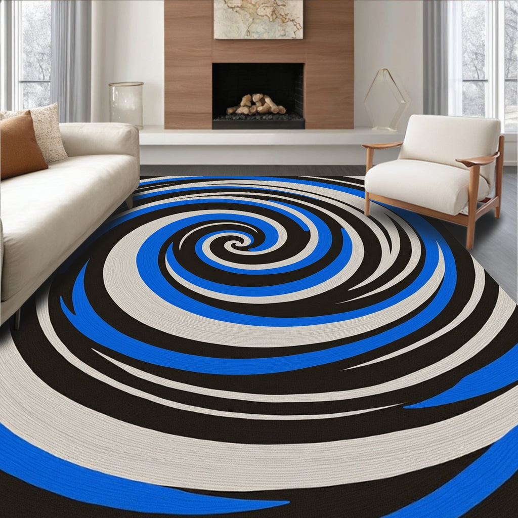 Dynamic Blue White Black Swirl Rug