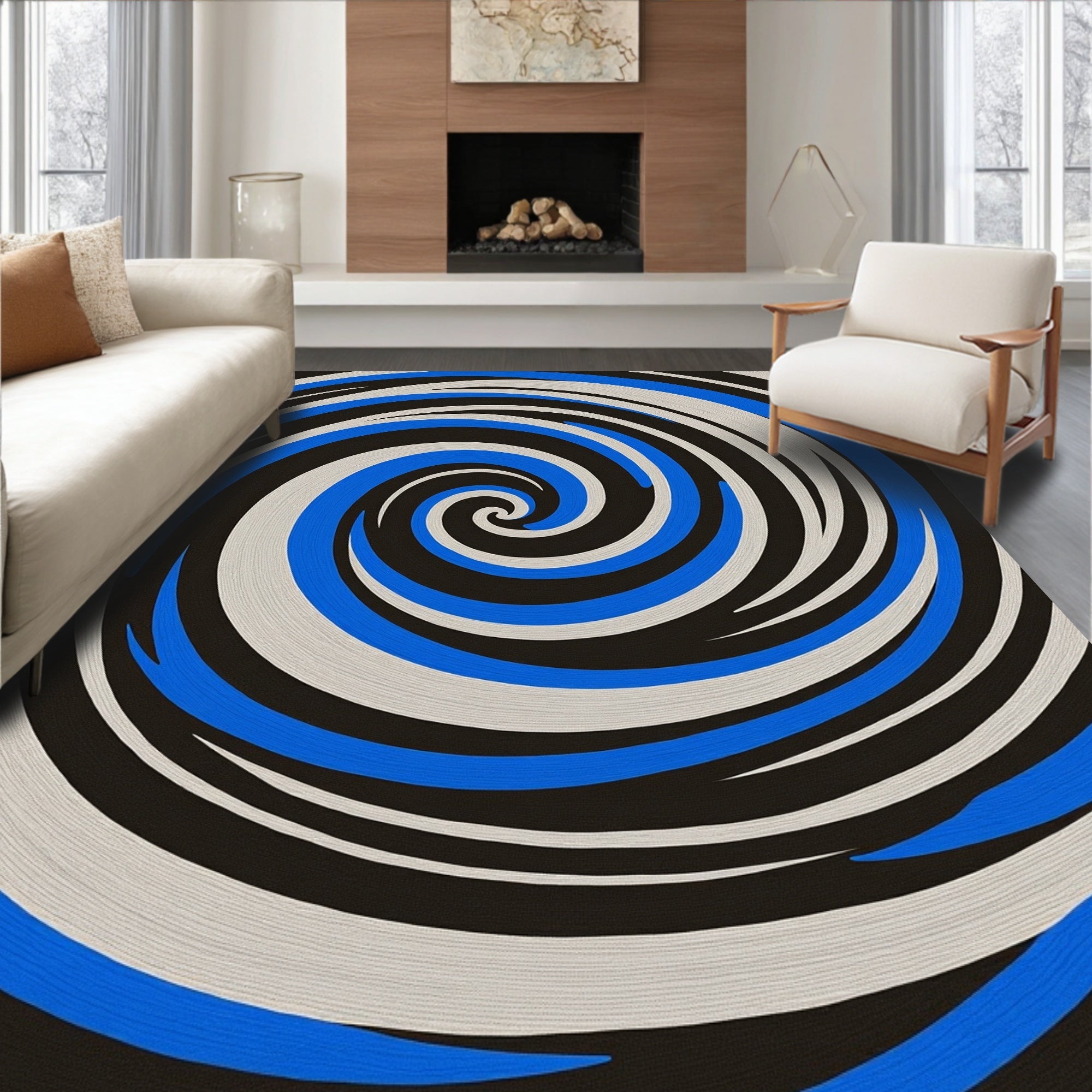 Dynamic Blue White Black Swirl Rug