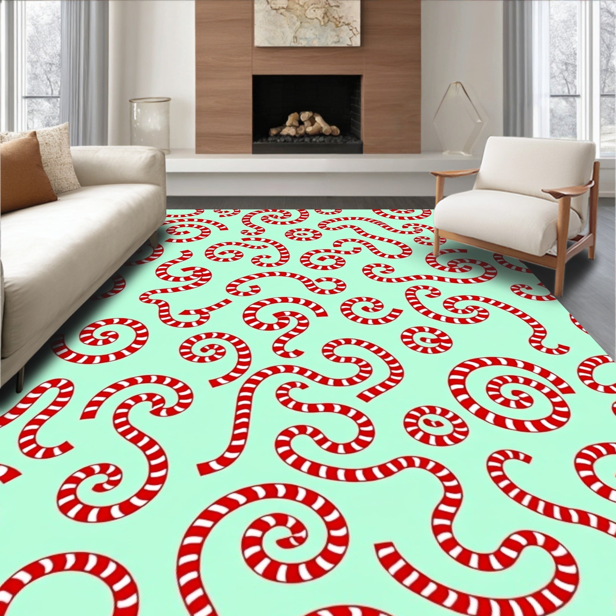 Red White Swirls Mint Background Rug