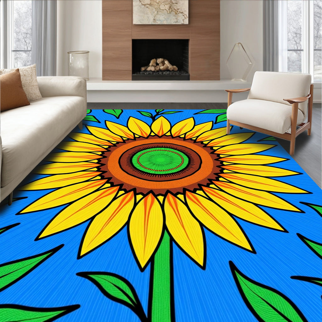 Vibrant Yellow Sunflower Blue Garden Rug