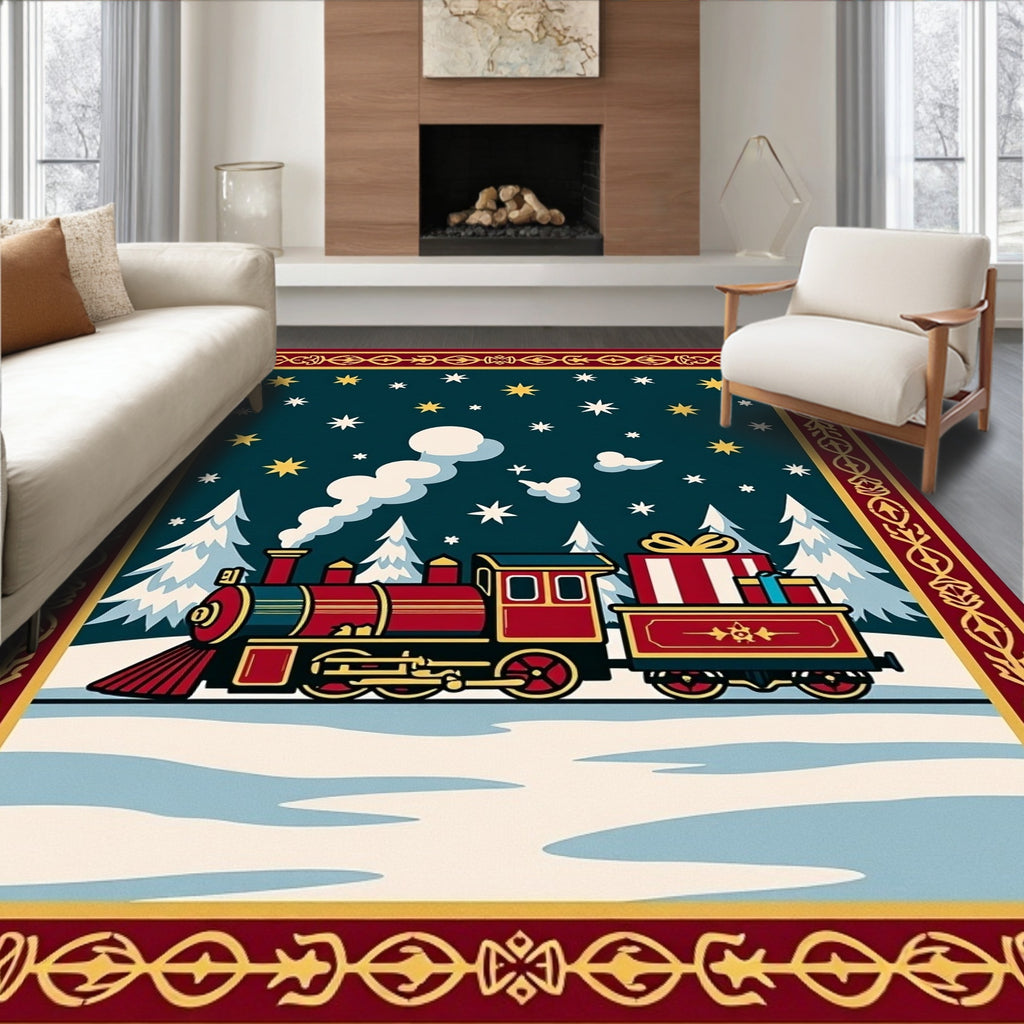 Retro Train Snowy Night Christmas Rug
