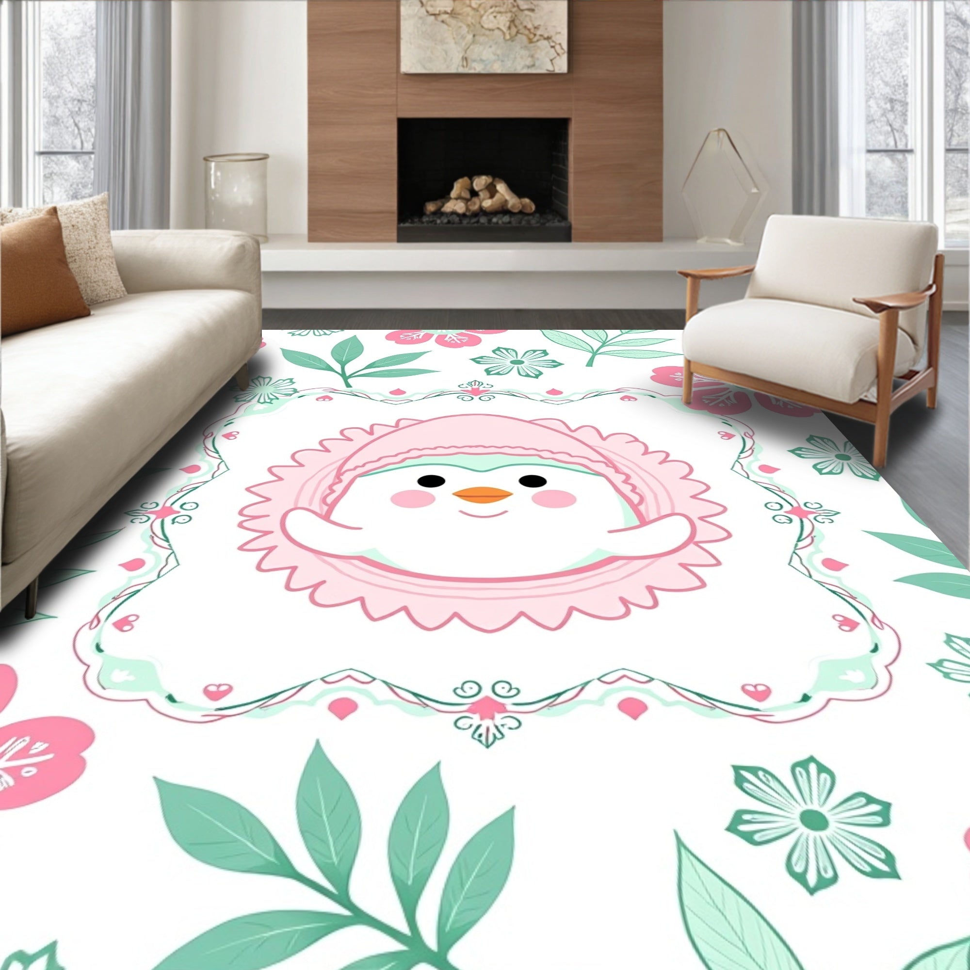 Pink Mint Penguin Floral Frame Rug