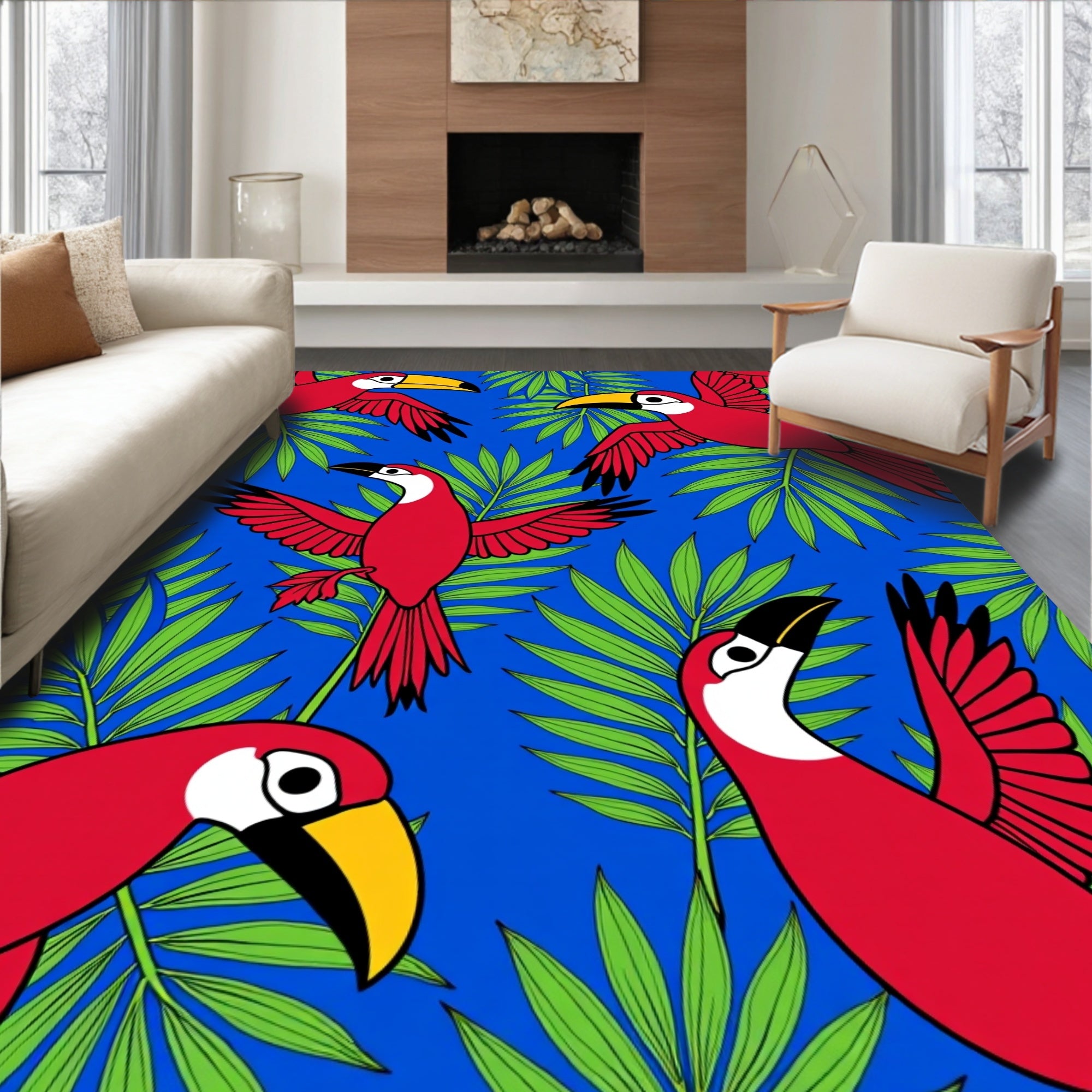 Tropical Red Toucans and Green Foliage Rug