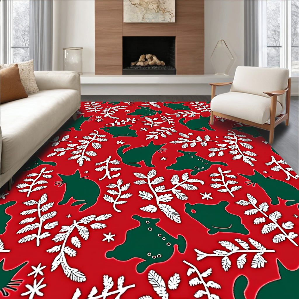 Whimsical Green Cats White Branches Red Rug