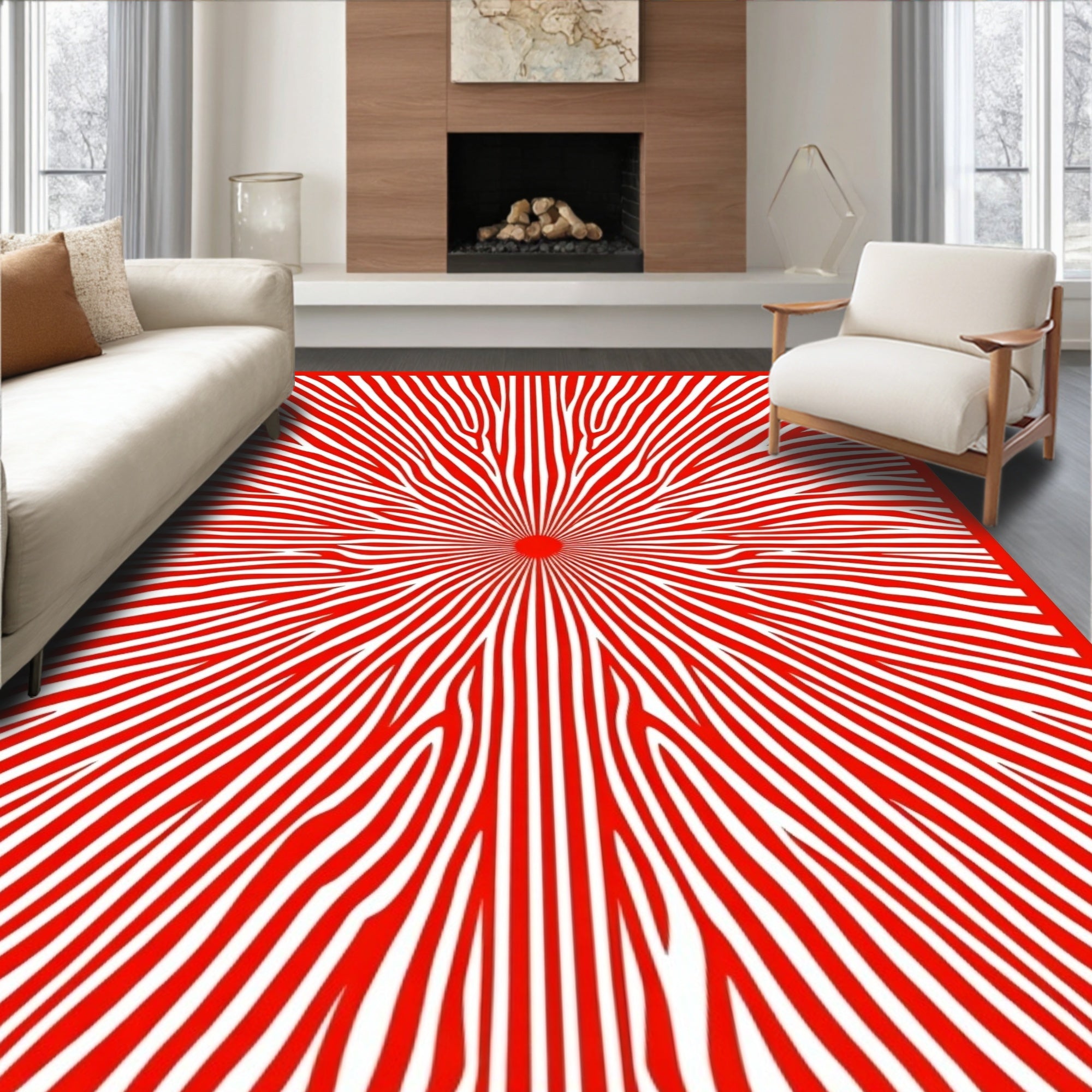 Crimson Radial Wave Line Art Rug
