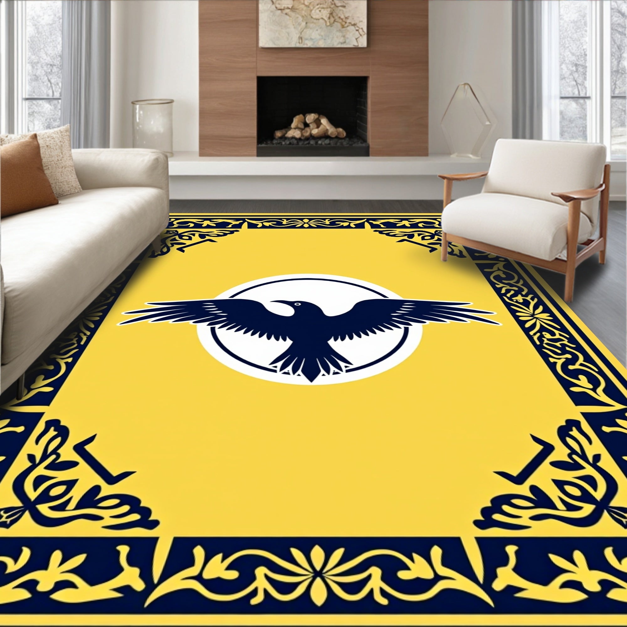 Yellow Navy Raven Circular Border Rug