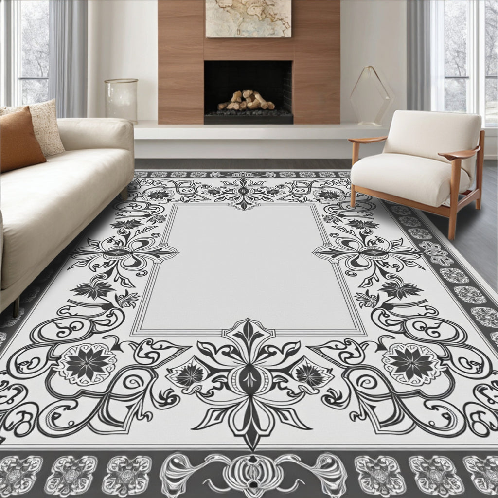 Ornate Floral Scroll Frame Gray Rug