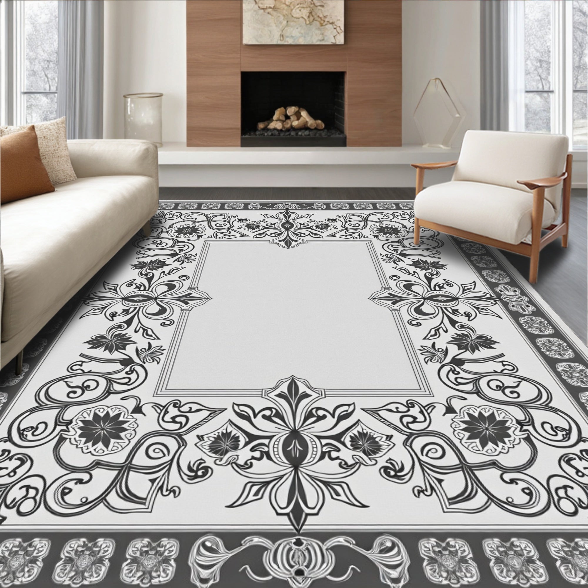 Ornate Floral Scroll Frame Gray Rug