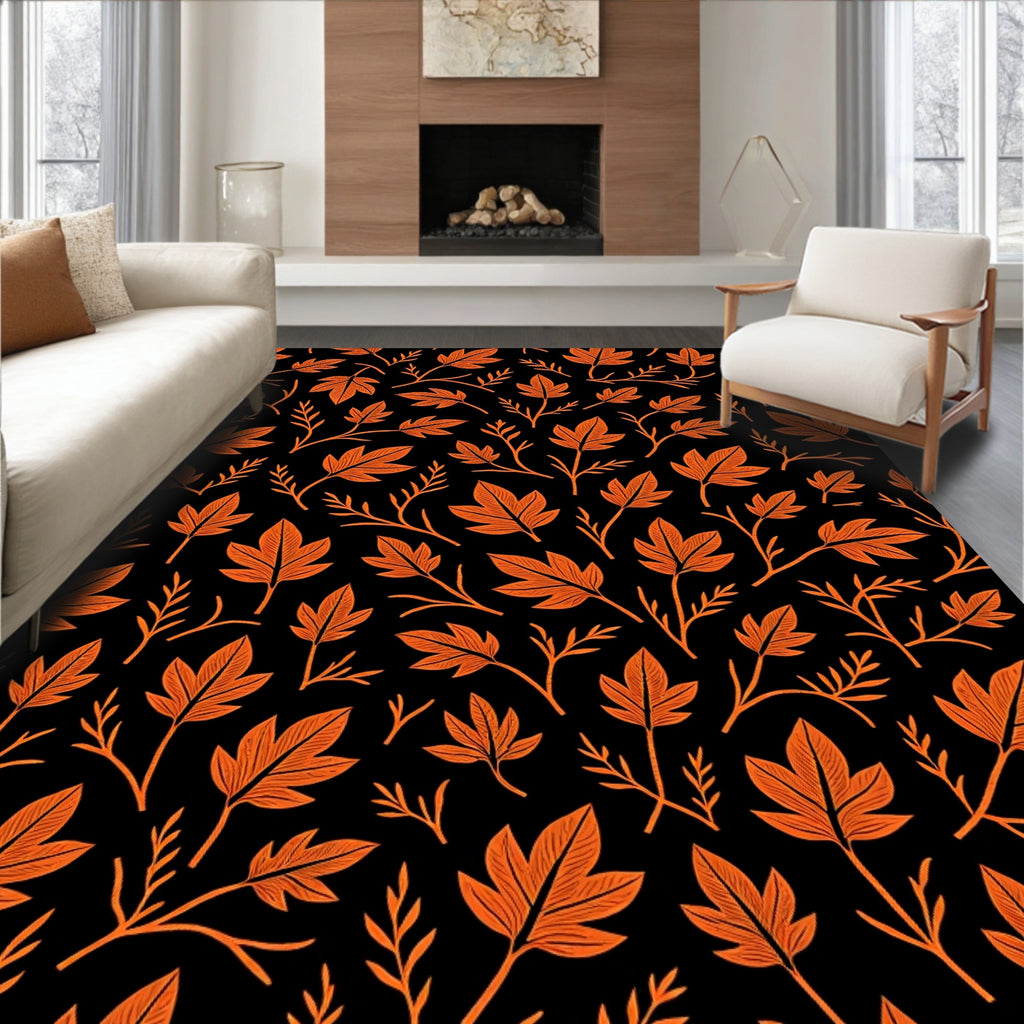 Orange Leafy Vines on Black Rug