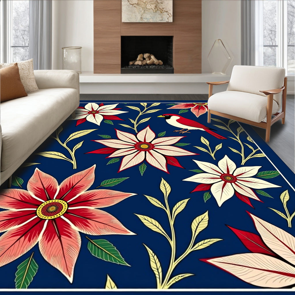 Red Bird Floral Garden Navy Rug