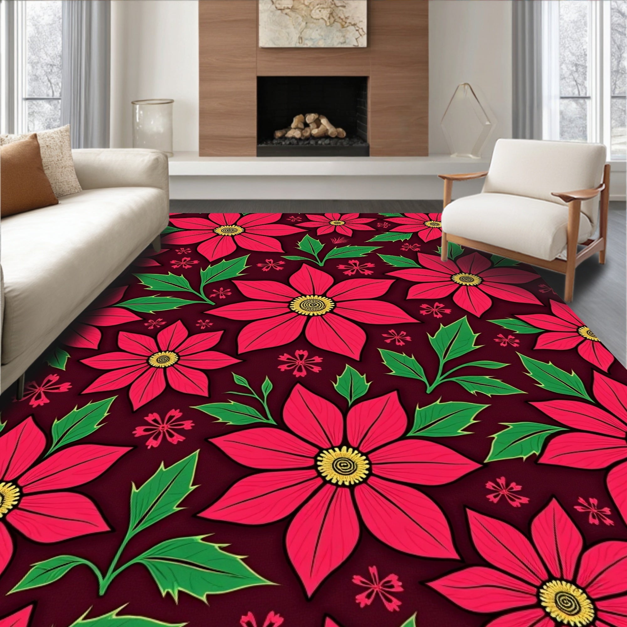 Bold Crimson Floral Poinsettia Leaves Rug