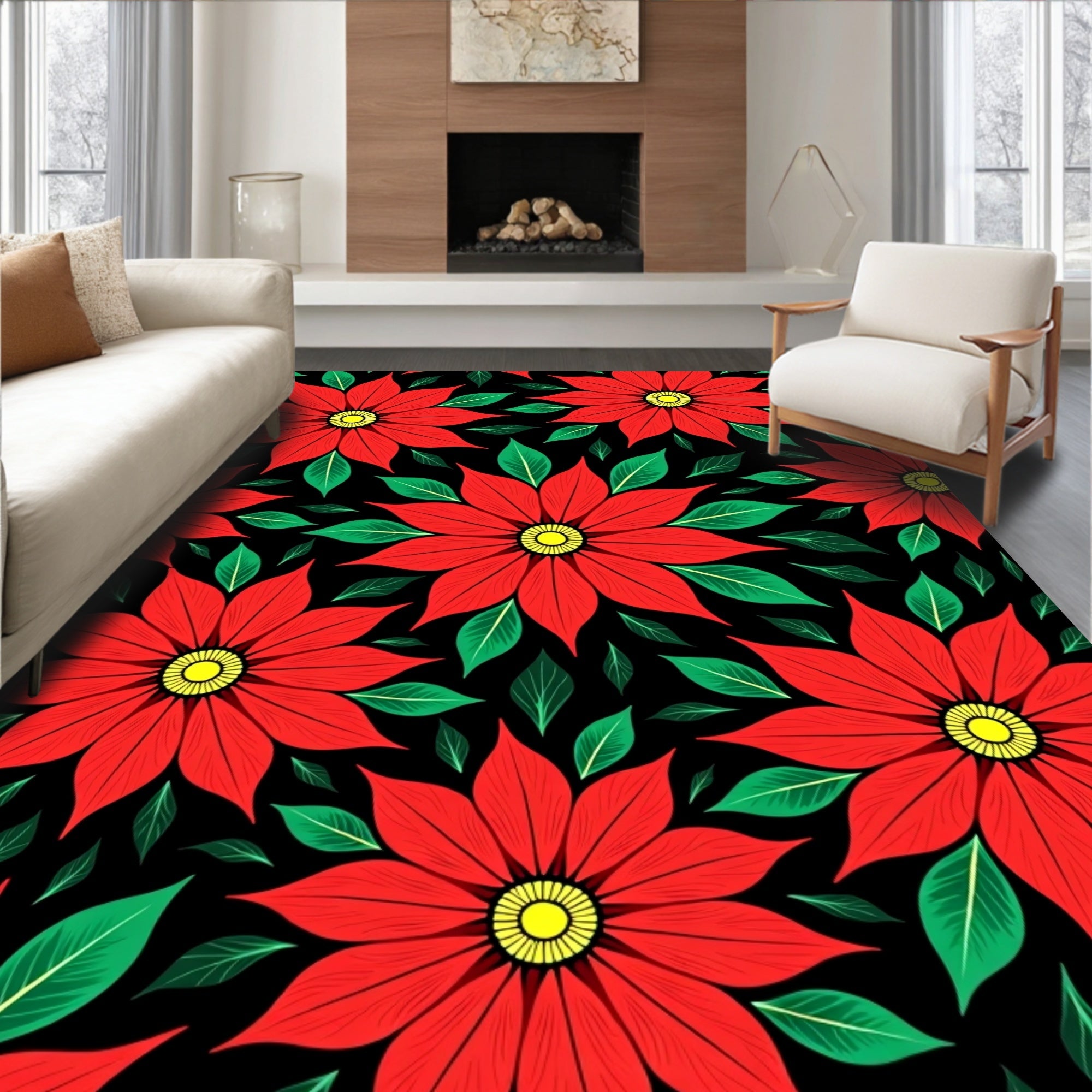 Vibrant Red Poinsettia Black Floral Rug