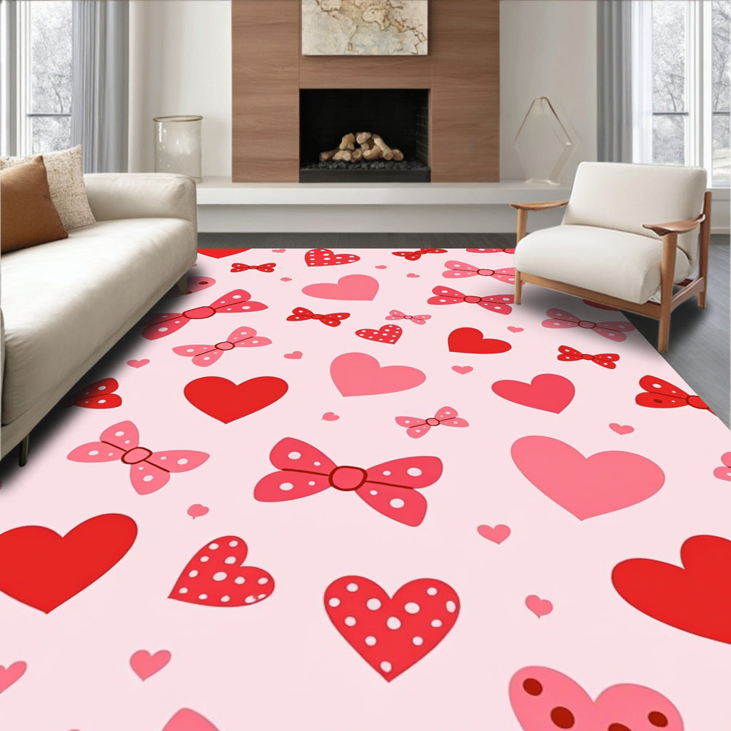 Pink Red Polka Dot Hearts Bows Rug