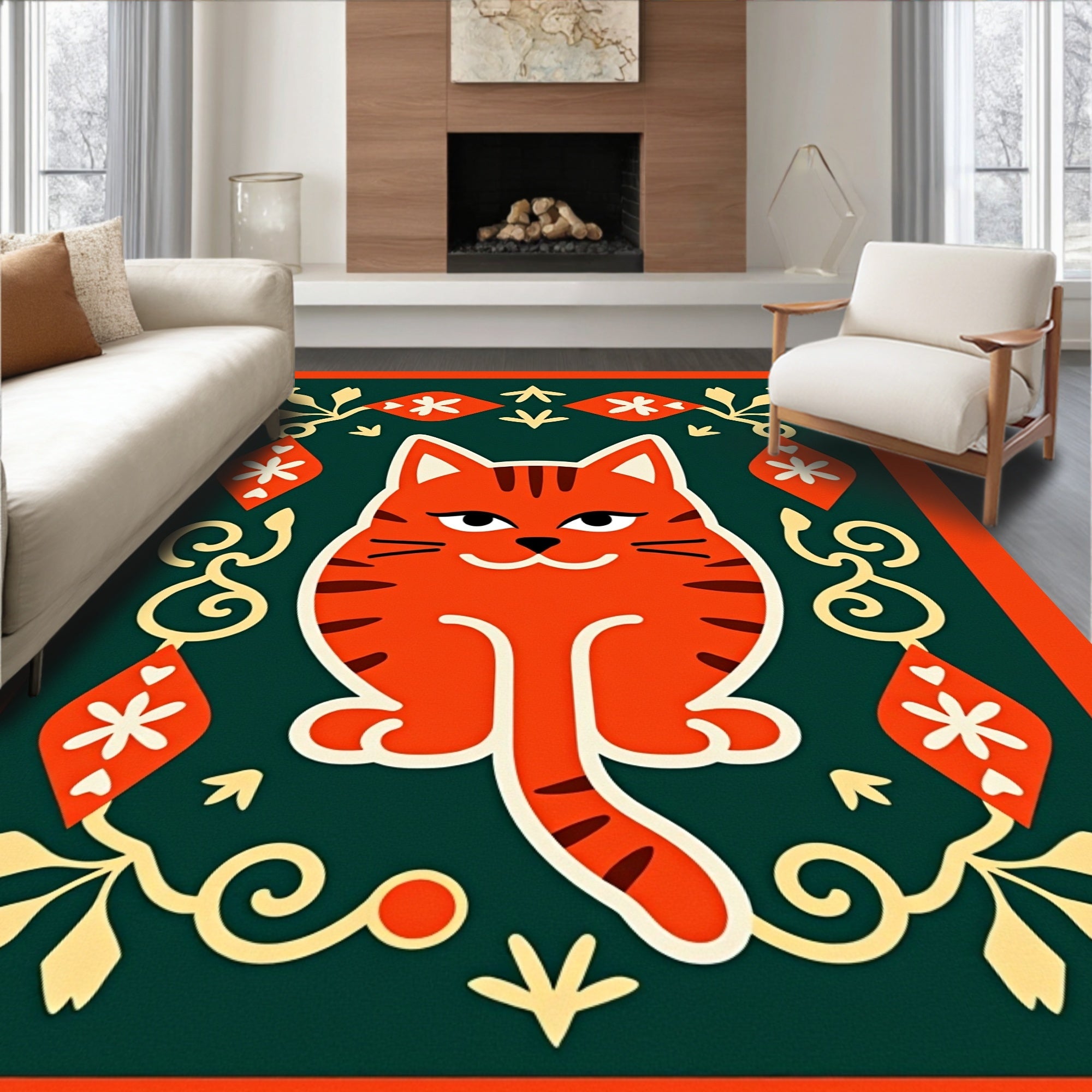 Whimsical Orange Tabby Floral Frame Rug