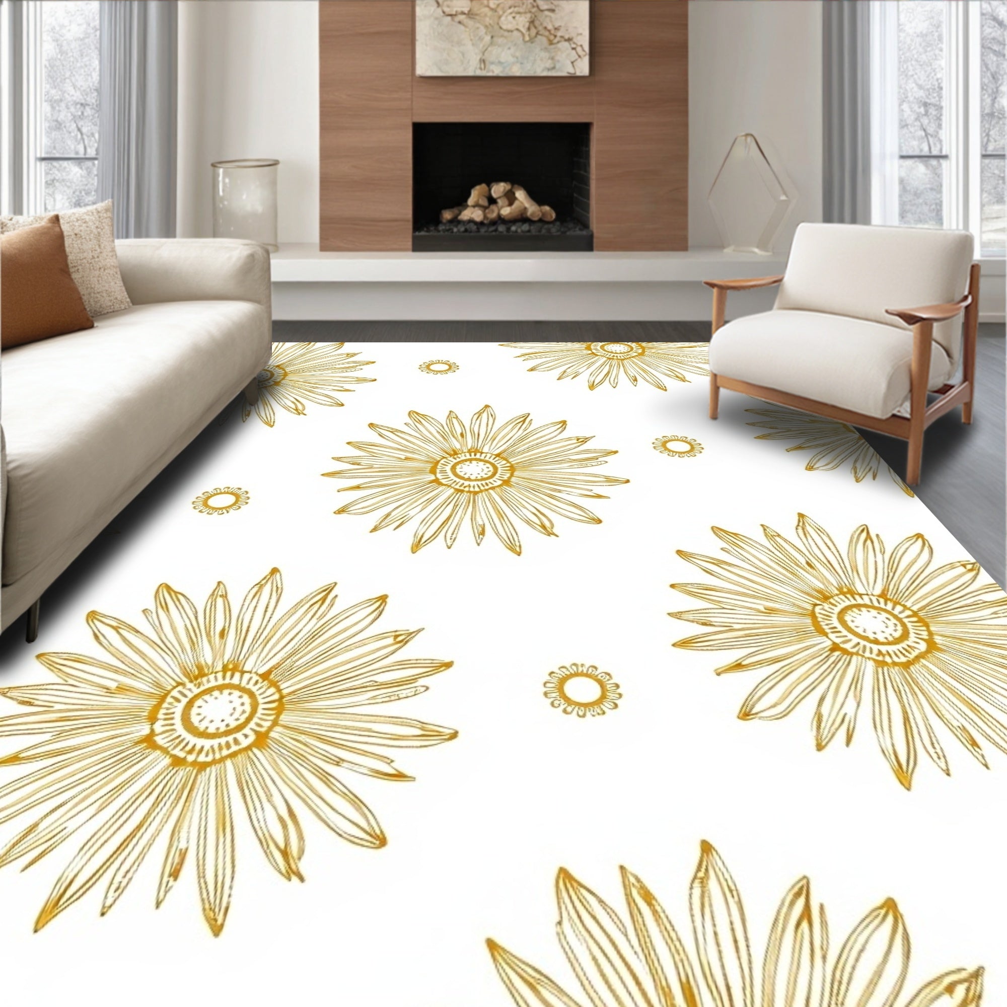 Golden Daisy Floral Outline Rug