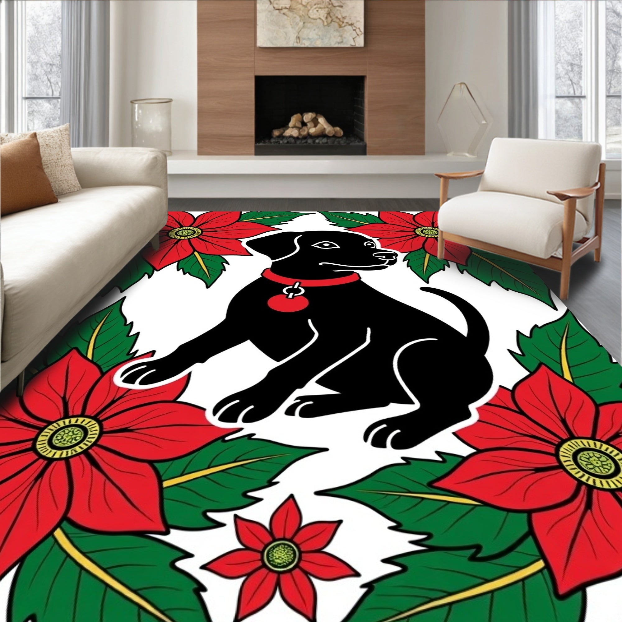 Black Labrador Poised Amongst Poinsettias Rug