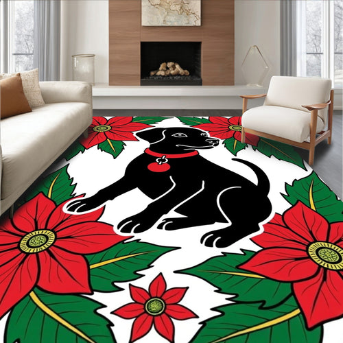 Black Labrador Poised Amongst Poinsettias Rug