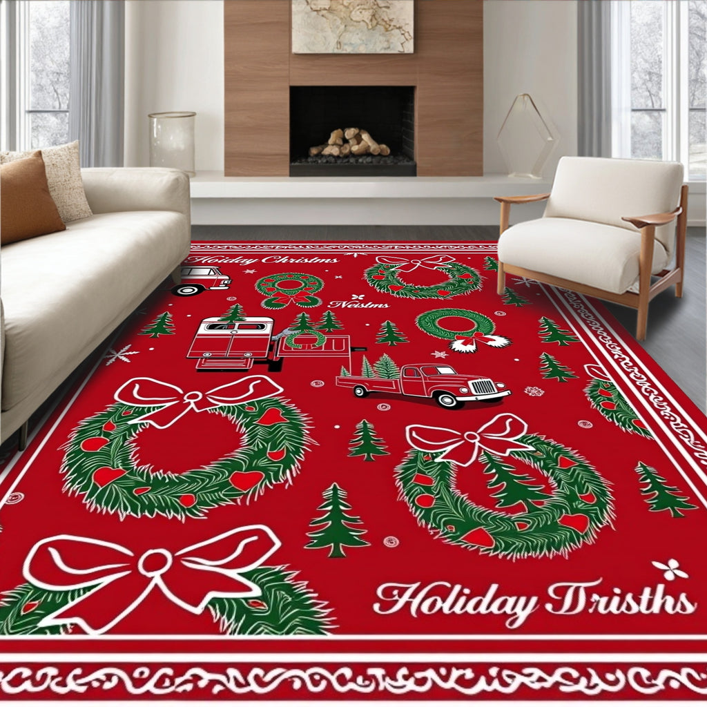 Merry Christmas Holiday Trucks Wreaths Trees Rug