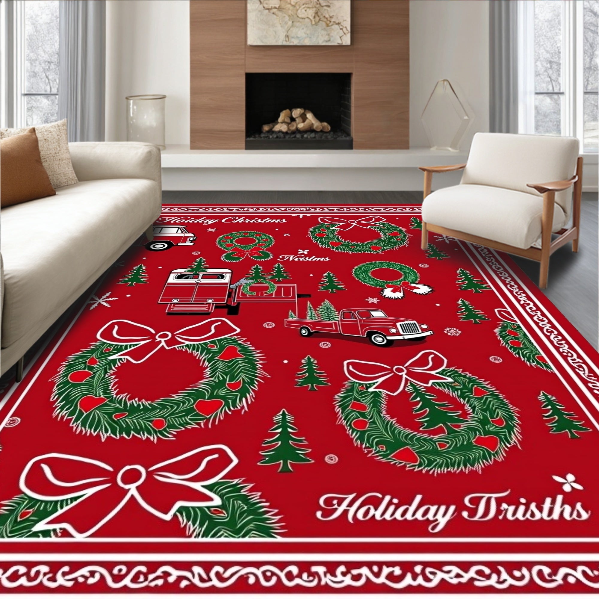 Merry Christmas Holiday Trucks Wreaths Trees Rug