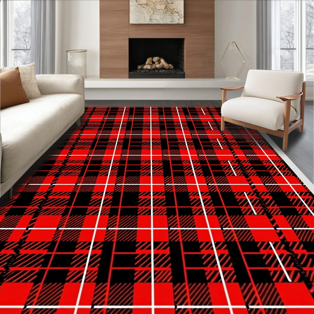 Bold Red Black Plaid Grid Rug