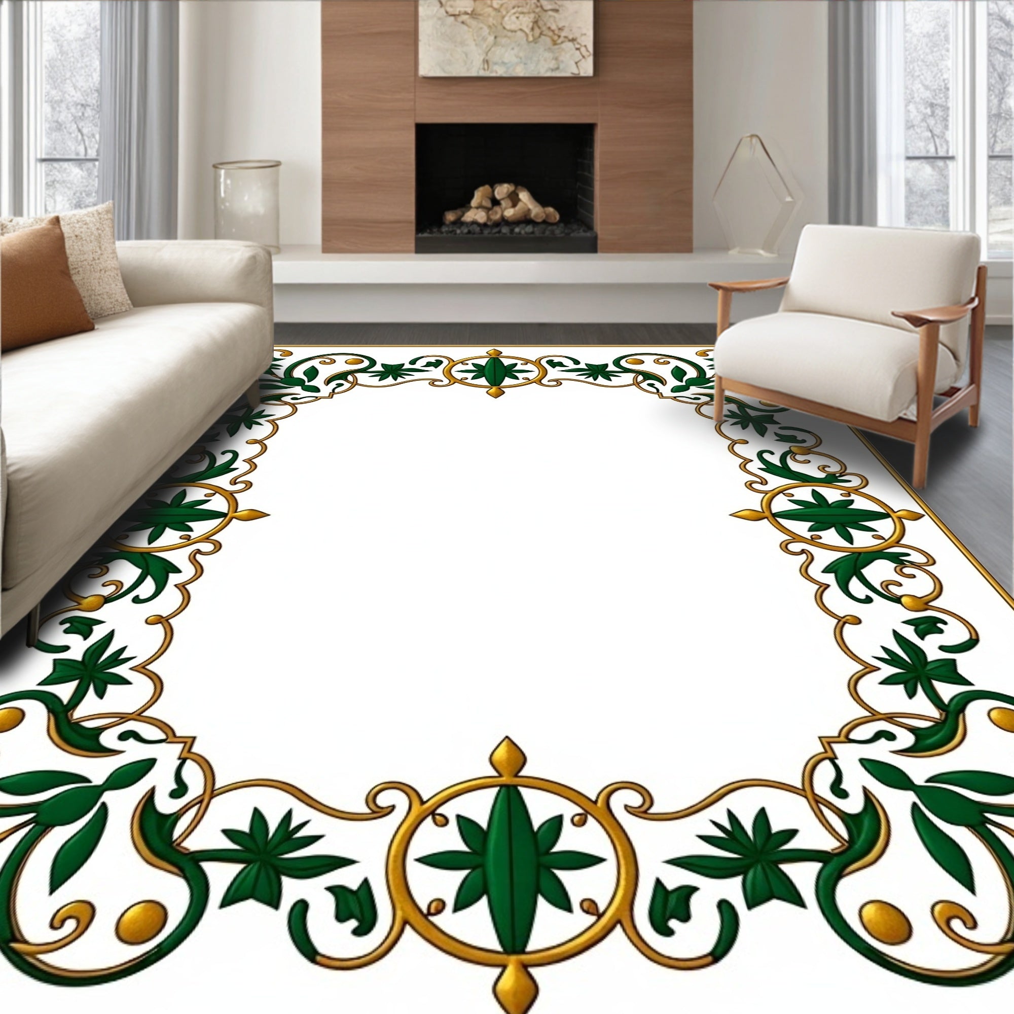 Emerald Green Gold Floral Border Accent Rug