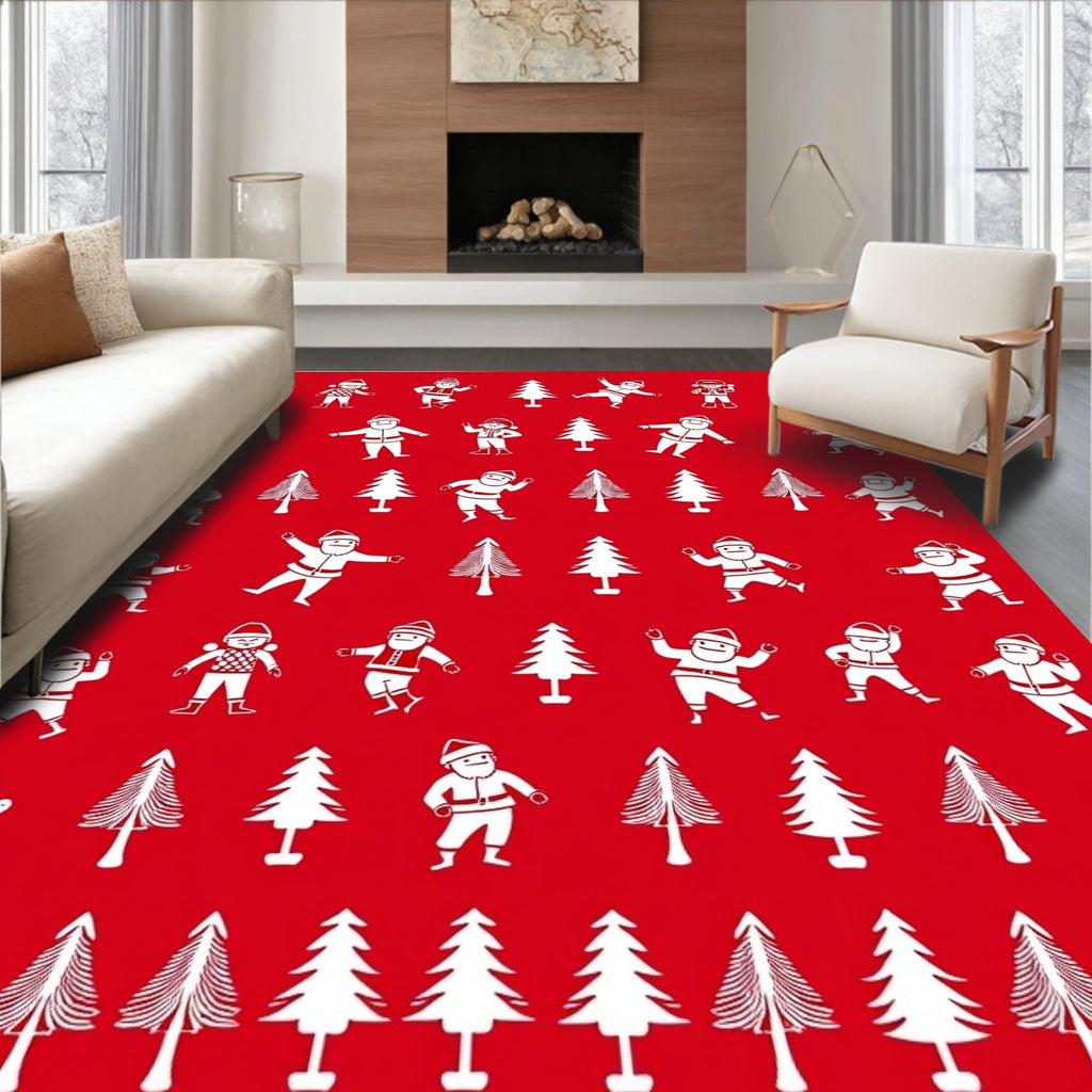 Red Christmas Party Santa Trees Rug