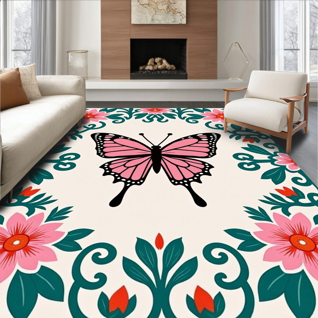 Pink Butterfly Floral Garland Rug
