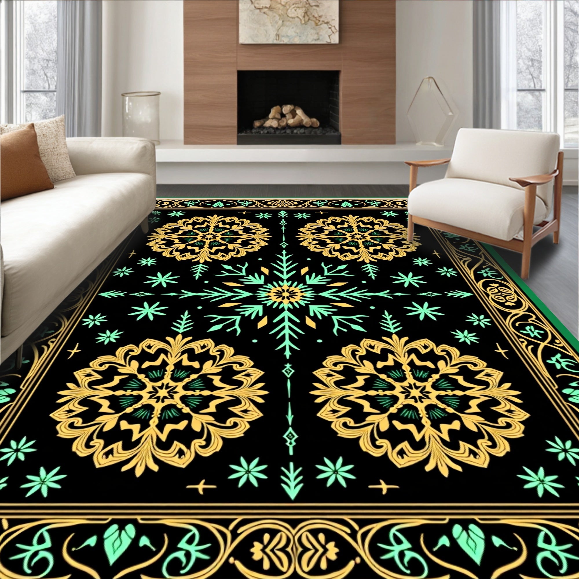 Ornate Gold Teal Black Medallion Border Rug