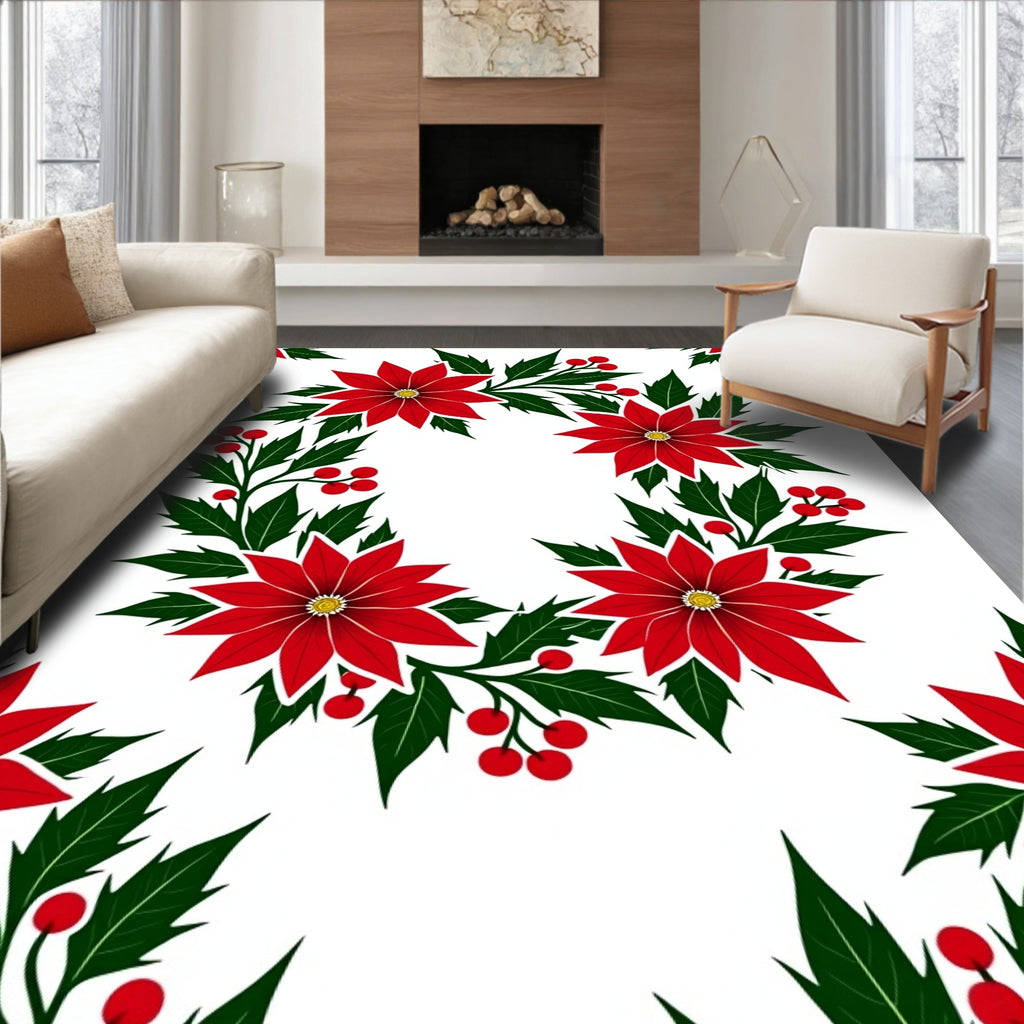 Holiday Red Poinsettia Green Holly Rug