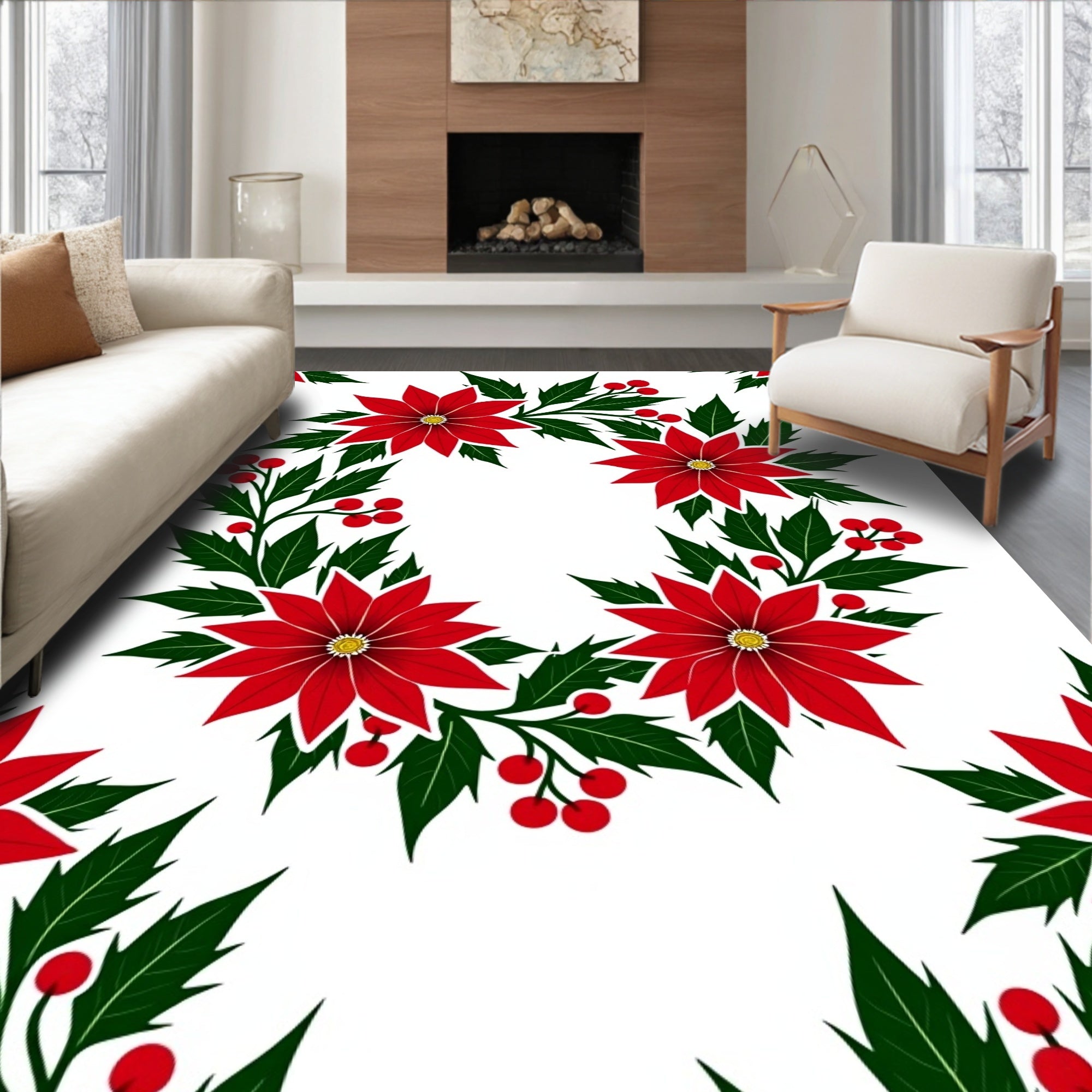 Holiday Red Poinsettia Green Holly Rug
