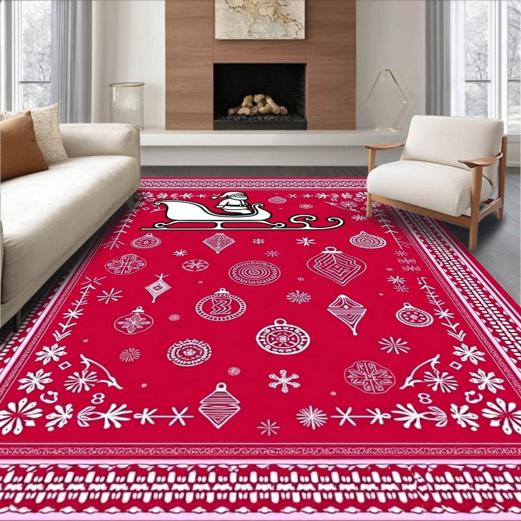 Red Santa Sleigh Ornaments Snowflakes Rug